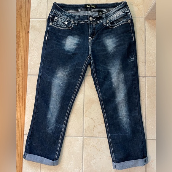 Zco Jeans Denim - ZCo Women's Distressed Dark Blue Cropped Jeans with embellished back pockets